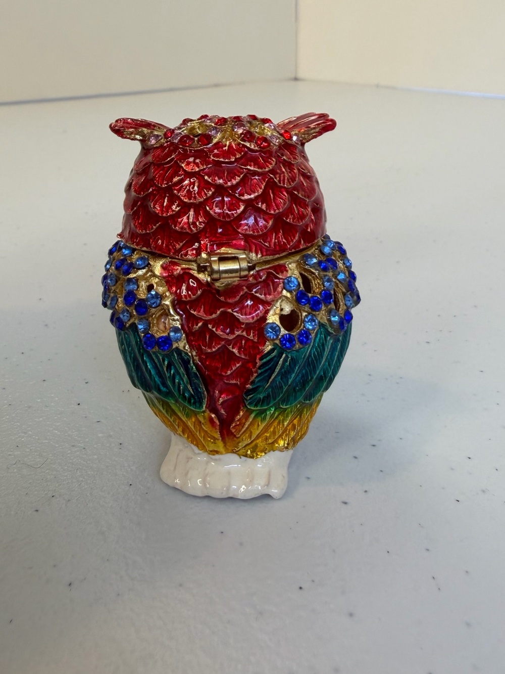 Cloisonné Owl Trinket Box Hinged Jewelry Ring Holder Rhinestone Necklace Red - Picture 6 of 8